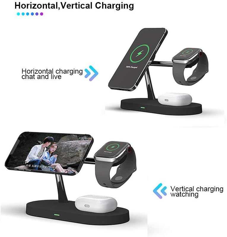 5 in 1 Magnetic Wireless Charging Stand 15W Fast Mag-Safe Charging Station Design for iPhone 15/14/13/12 Series iWatch 7/SE/6/5/4/3/2 Airpods 3/2/Pro