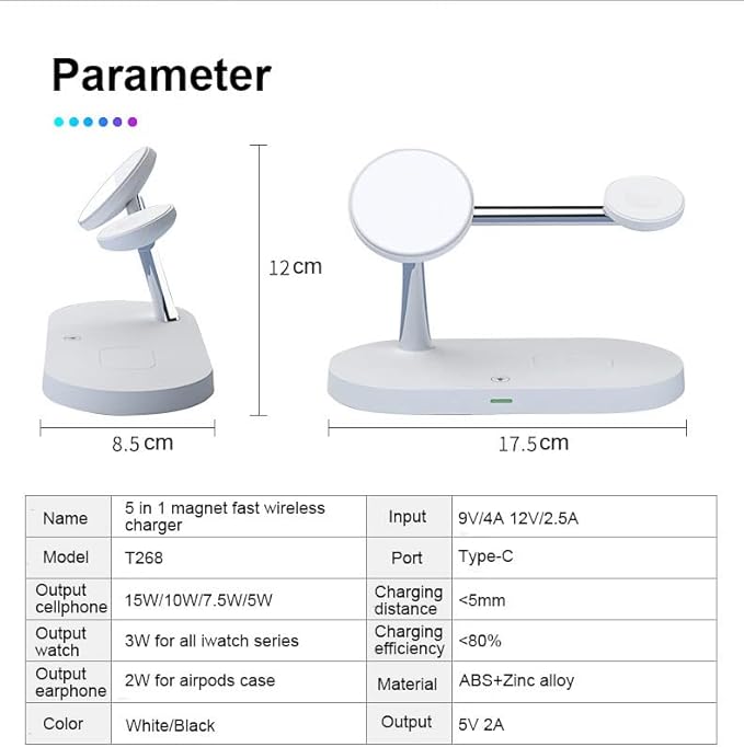 5 in 1 Magnetic Wireless Charging Stand 15W Fast Mag-Safe Charging Station with Neutral Light Design for iPhone 17/16/15/14/13/12 Series iWatch 7/SE/6/5/4/3/2 Airpods 3/2/Pro (White)