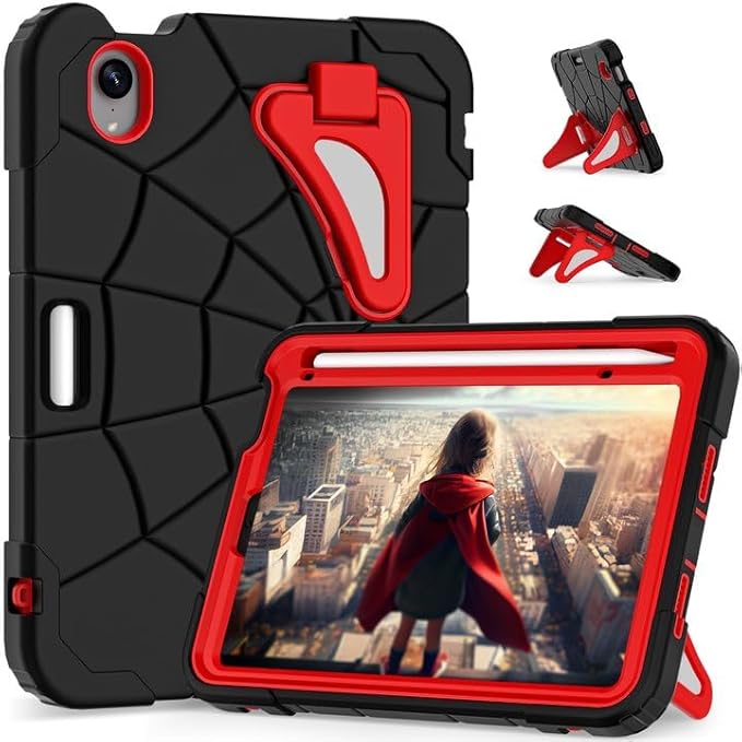 Kids Case for iPad mini 7 A17 Pro 2024/ Mini 6 8.3 inch Spider Case for iPad mini 7th 6th Generation Shockproof Durable Full Protective Cover with Pencil Holder Kickstand (Black+Red)