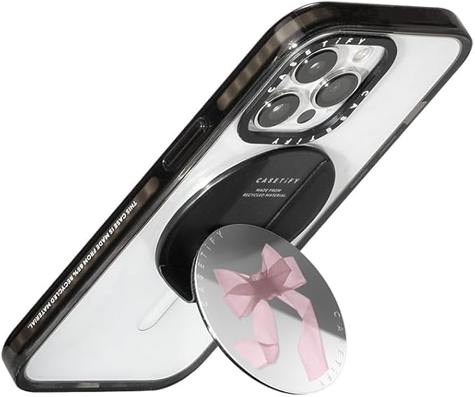 CASETiFY Snappy Grip Stand Compatible with Magsafe - Pink Organza Ribbon - Silver Mirror