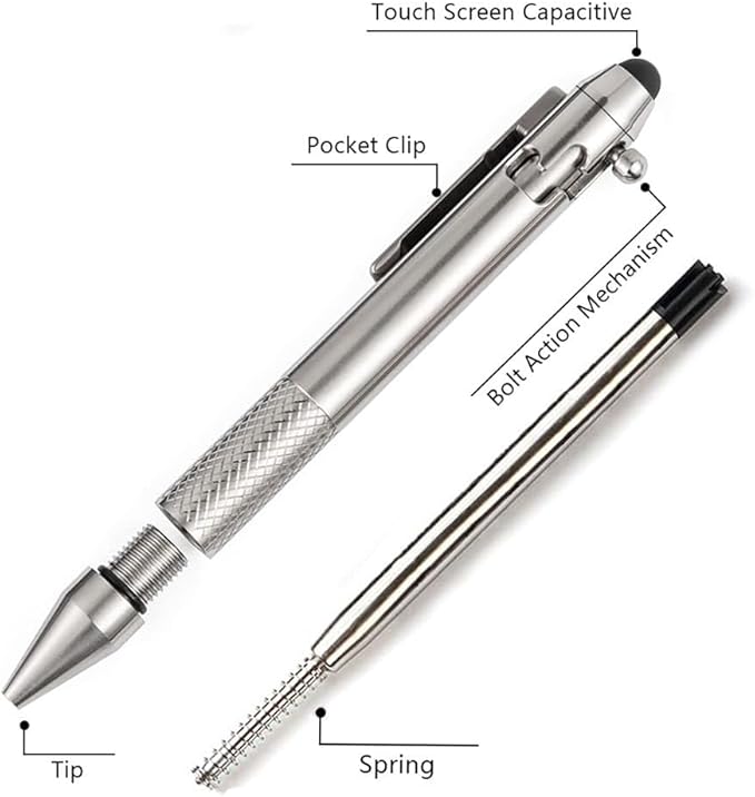 Cool Hand 4.9'' Titanium Bolt Action Pen Stylus for Touch Screen Ballpoint Ink Refillable Compact Size Skelton Out Deep Pocket Clip for Easy Carring