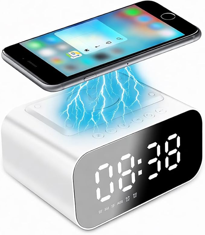 IHAO 7in1 Multifunctional Digital Alarm Clock with 15W Fast Wireless Charger Bluetooth Speaker LED Display Clock FM Radio TF Card AUX Input USB Port Dual Alarm for Bedroom and Office-BT510 White