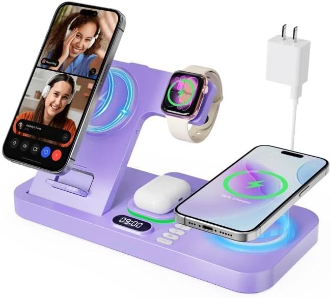 Dual Phone Magnetic Wireless Charging Station for Apple Ecosystem Wireless Charging Station for Apple Devices with Auto Switch 7-Color Light &amp Clockfor iPhone17for iwatch10 for AirPods Pro3（Pu