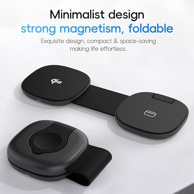 3-in-1 Foldable Magnetic Wireless Charging Station for iPhone 16/15/14/13/12 Apple Watch &amp AirPods - Slim Portable Multi-Device Charger (Black)