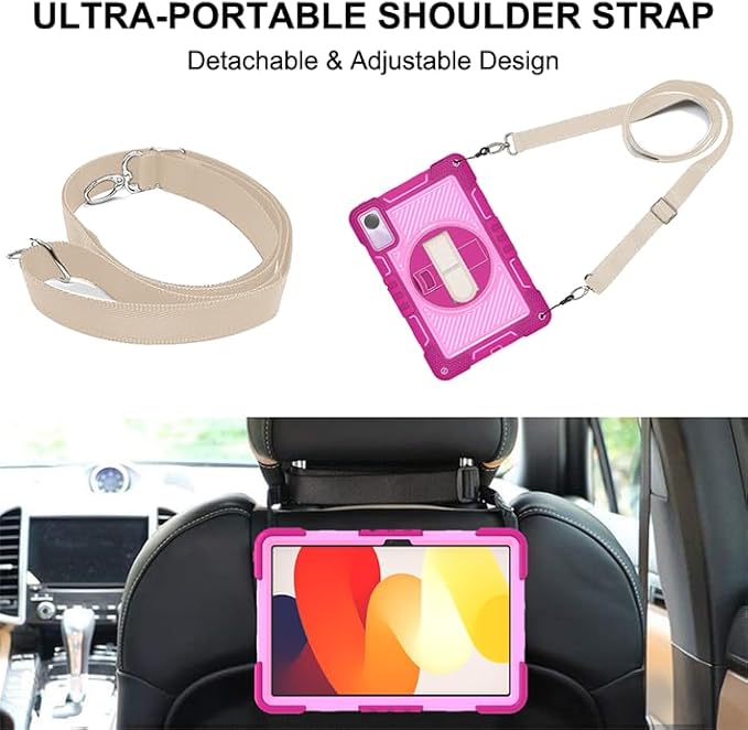 Tablet Case for Xiaomi Redmi Pad SE 11.0 inches Tablet Shockproof Cover with 360° Rotating Stand and Wrist Strap Shoulder Strap Red Rose+Pink