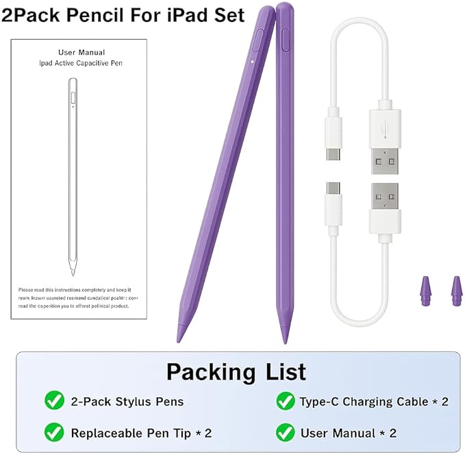 Stylus Pen for iPad 11th/10th 2018-20252Pack Apple Pen Palm Rejection Tilt Sensitivity Pixel Perfect for Apple iPad A16/11/10/9/8/7/6thPro 12.9/11/13 M5/M4Air M3/M2/5/4/3Mini A17/5/6th-Purple