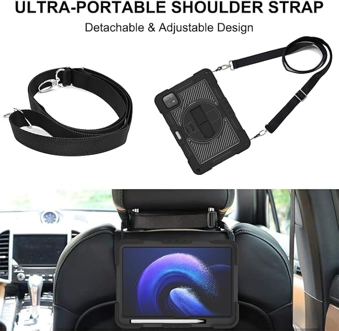 Tablet Case for Xiaomi Pad 6 Pro/Xiaomi Pad 6 23043RP34C 23043RP34G 11.0 inch Tablet Shockproof Cover with 360° Rotating Stand and Wrist Strap Shoulder Strap Completely Black