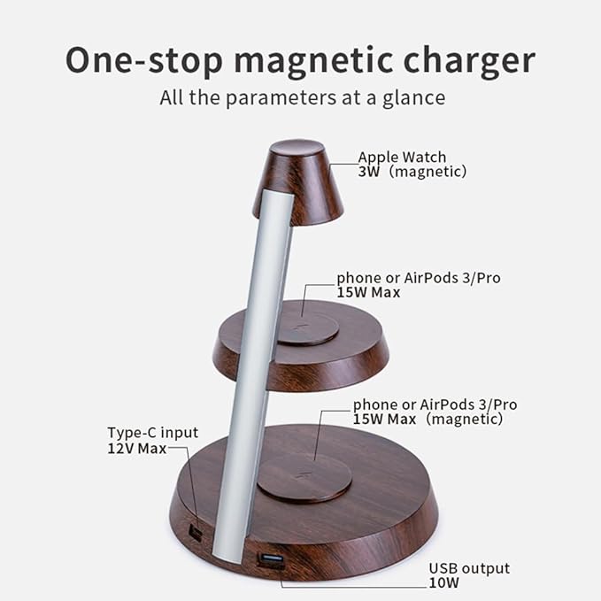 Magnetic Wireless Charger 3 in 1 Tower Standing Upright Double Layer Night Light High-Power Convenient Compatible with Cellphones/Wireless Earbuds/Apple Watch (Wood Grain Style)