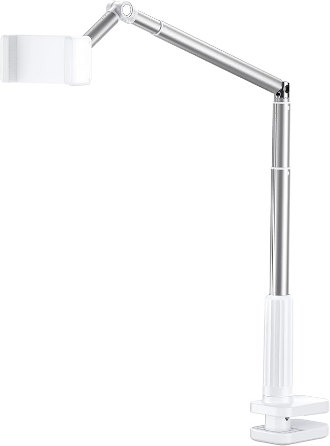 JSAUX Phone Holder for Desk and Bed Compatible with iPhone 16 15 14 13 12 Overhead Phone Mount Gooseneck Phone Stand Flexible 360 Lazy Long Arm Clamp Clip for Table Bedside [1-Pack White]