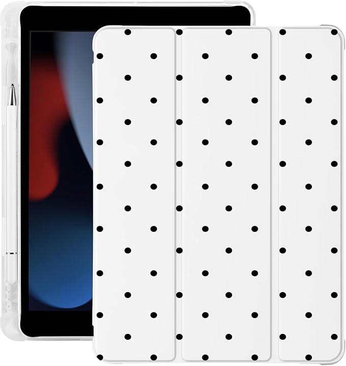 Cute Kawaii Polka Dot for iPad 7th/8th/9th Generation Case with Pencil Holder Auto Sleep/Wake White Leather Soft TPU Back Cover for iPad 10.2 Inch 2019/2020/2021