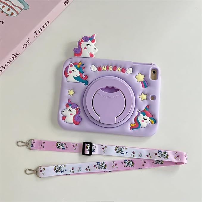 3D Cute Unicorn Case for iPad mini 7 (A17 Pro) 2024/Mini 6 2021 8.3 inchKawaii Cartoon Pretty Animal Soft Silicone Rotating Stand Case with Lanyard for Kids Teens Girls Women- Purple