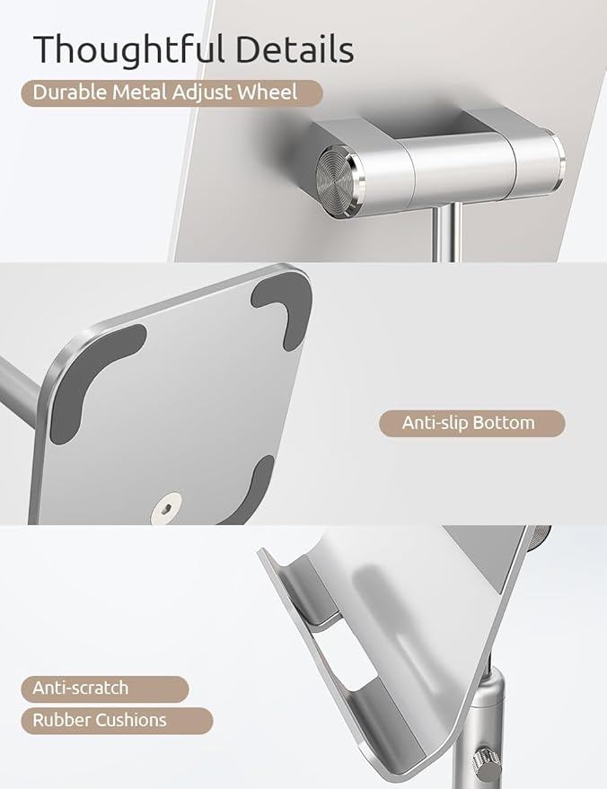 Tablet Stand Height Angle Adjustable Eye-Level Desktop iPad Stands Tablet Holder for Home Office Cradle Dock for iPad Pro 12.9 Air Mini 4 Kindle E-Reader Nexus iPhone (4-13'') Silver