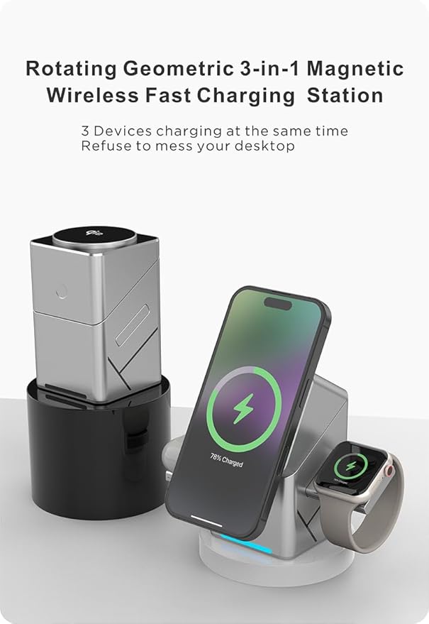 Charger Standfor iPhone 17 Wireless Charger 3-in-1 Cube Compatible with MagSafe 15W Foldable Fast Charging Stand for iPhone 16/15/14/13 Apple Watch 1-8/Ultra AirPods Compatible with Samsung