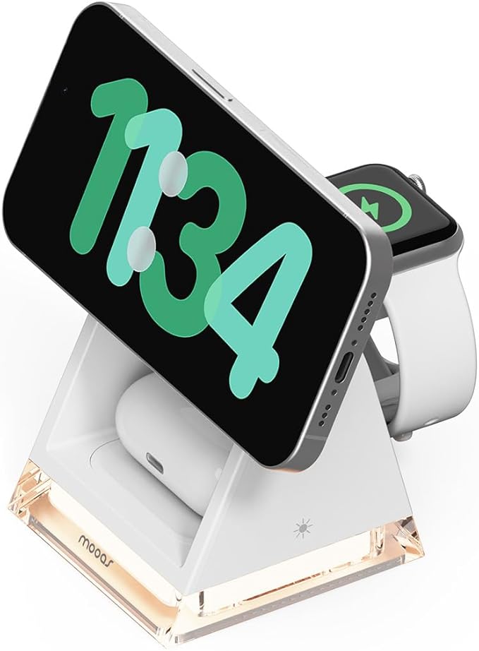 mooas Crystal Lamp 3 in 1 Mag-safe Wireless Charging Stand (White) 2 Color Nightlight 3 in 1 wireless charger Compatible with iPhone 12/13/14/15 Galaxy S21 S22 S23 S24 Apple watch Galaxy watch