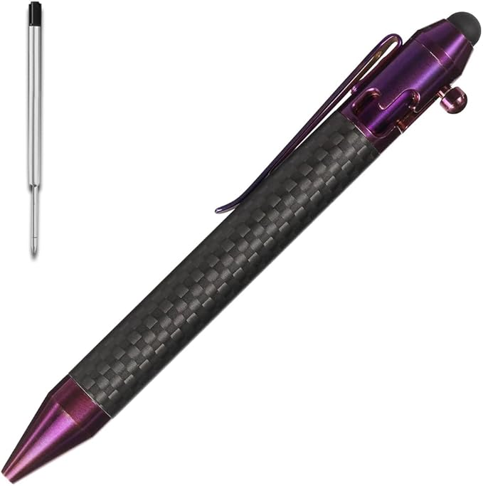 Cool Hand 4.9'' Carbon Fiber Bolt Action Pen with Retractable Stylus Tip for Any Touch Screen Ballpoint Ink Refillable Compact Size Skelton Out Deep Pocket Clip (Carbon Fiber Purple)