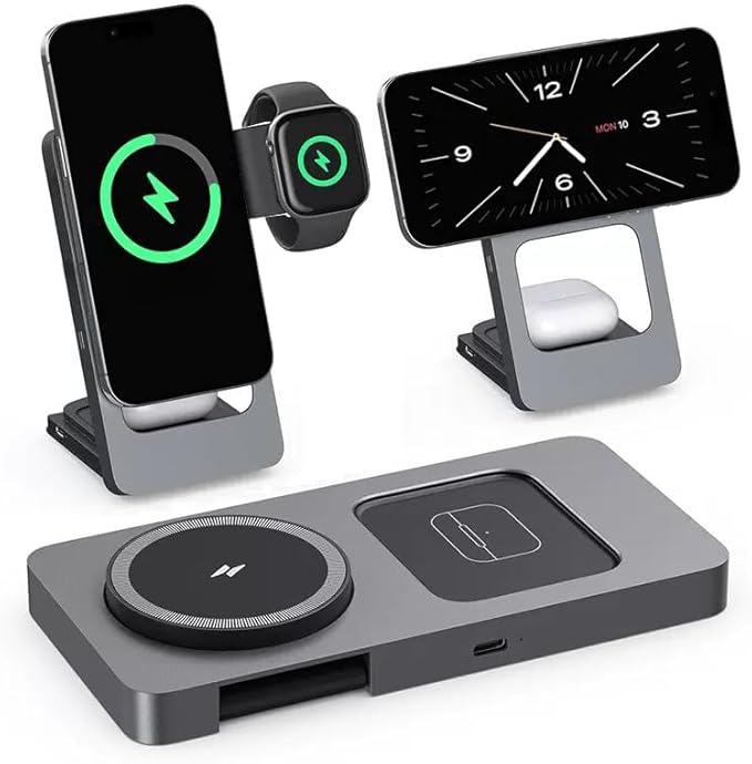 3-in-1 Foldable Wireless Charging Station for iPhone Apple Watch AirPods Aluminum Alloy Frame 15W Fast Charging 0-180 Adjustable Stand Qi Magnetic Wireless Charger (Gray)