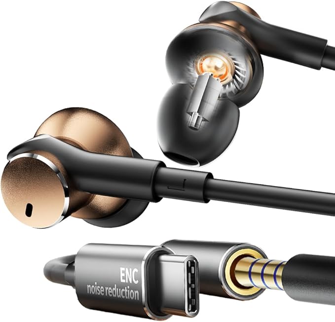 Dynamic Balanced Deep Bass In-Ear Headphones-Noise cancelling Wired Earbuds with Dual-Driver Bass Boost ear bud Noise Isolation-Clear Call and High-Resolution AudioNoise Cancellation (USB C+3.5mm)