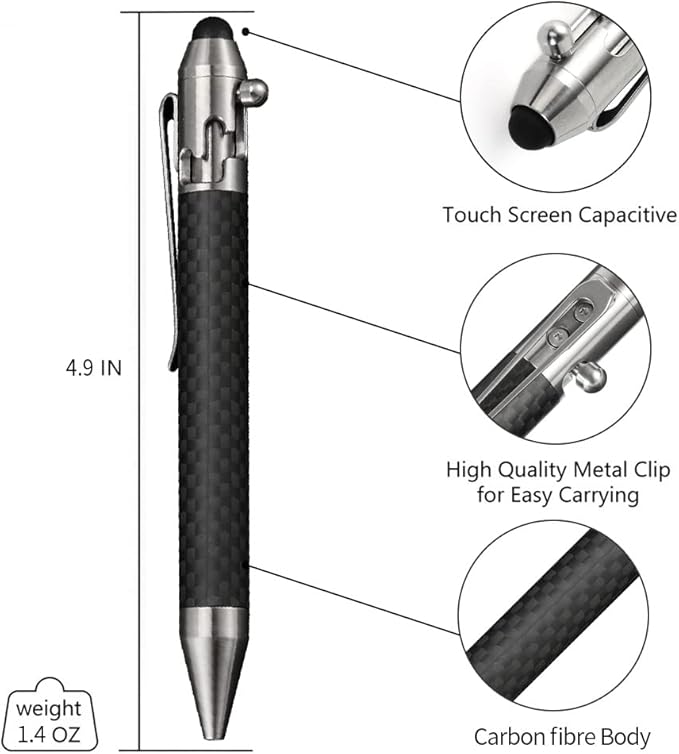 Cool Hand 4.9'' Carbon Fiber Bolt Action Pen with Retractable Stylus Tip for Any Touch Screen Ballpoint Ink Refillable Compact Size Skelton Out Deep Pocket Clip (Carbon Fiber Silver)