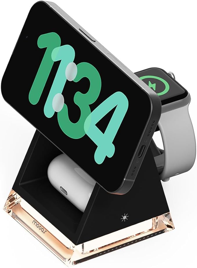 mooas Crystal Lamp 3 in 1 Mag-safe Wireless Charging Stand (Black) 2 Color Nightlight 3 in 1 wireless charger Compatible with iPhone 12/13/14/15 Galaxy S21 S22 S23 S24 Apple watch Galaxy watch