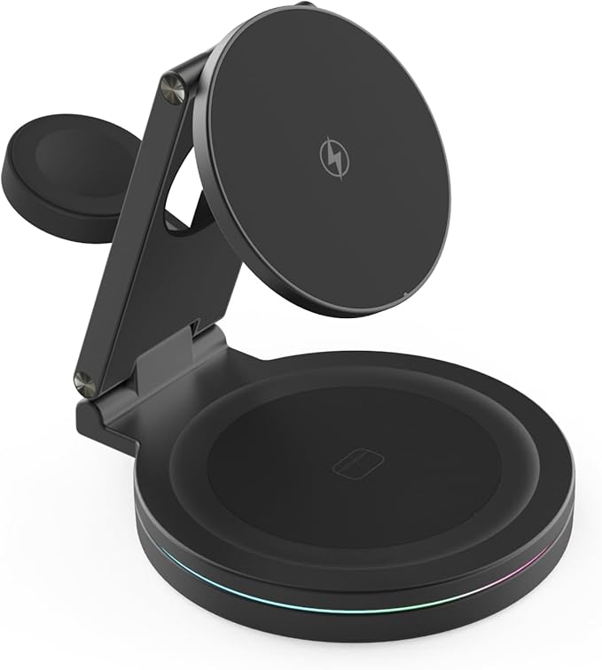 Foldable 360º Rotatable Zinc Alloy 3-in-1 Magnetic Wireless Charger Charging Station Charging Stand15W for iPhone 12-175W for Apple WatchesAirPods(Adapter Included) (Black)