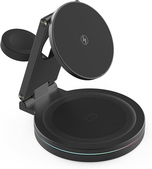 Foldable 360º Rotatable Zinc Alloy 3-in-1 Magnetic Wireless Charger Charging Station Charging Stand15W for iPhone 12-175W for Apple WatchesAirPods(Adapter Included) (Black)