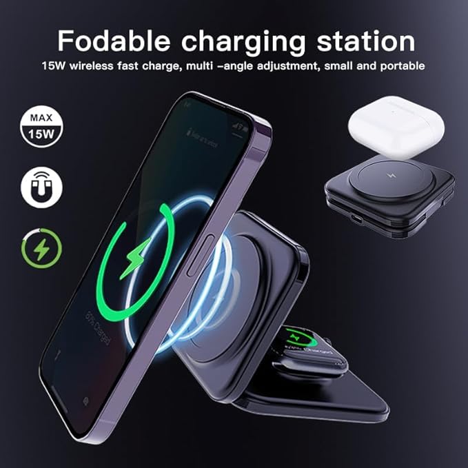 Meenova Foldable 3 in 1 Wireless Charger Compatible with MagSafe Apple iPhone 15 14 13 12 Watch AirPods Lightweight PortableStrong Magnetic Attraction Suitable for Outdoor Offices etc. (Black)