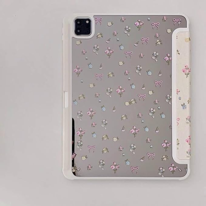 Slim Leather Hard Folio Case with Adjustable Stand Pencil Holder for Apple Cream White Pink Bow Flower Floral Chic Cute Lovely Adorable Girls Kids (for iPad Pro 12.9-inch 4th Generation 2020)