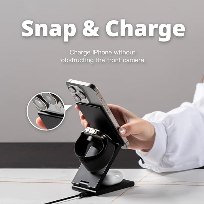ADAM elements Mag Z 3-in-1 Foldable Travel Charging Station Magnetic Wireless Charger for iPhone 17-12 Apple Watch AirPods &amp Samsung Galaxy Watch Compact Stand for Desk &amp Travel (Titanium)