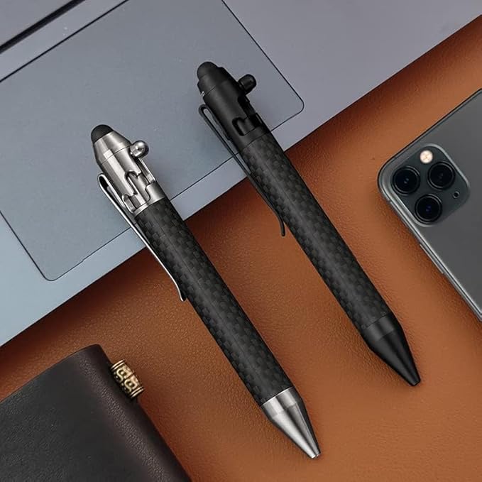 Cool Hand 4.9'' Carbon Fiber Bolt Action Pen Stylus for Touch Screen Ballpoint Ink Refillable Compact Size Skelton Out Deep Pocket Clip for Easy Carring