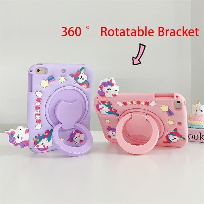 3D Cute Unicorn Case for iPad mini 7 (A17 Pro) 2024/Mini 6 2021 8.3 inchKawaii Cartoon Pretty Animal Soft Silicone Rotating Stand Case with Lanyard for Kids Teens Girls Women- Pink