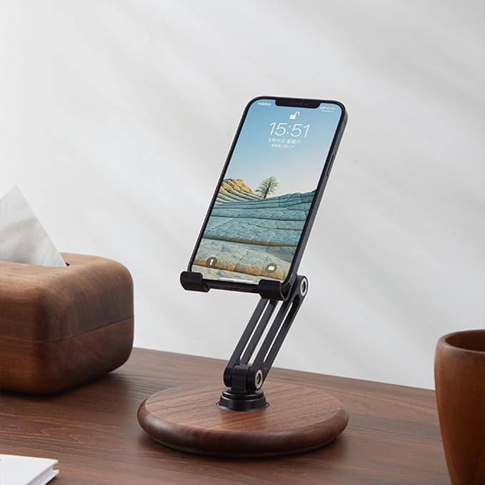 iPhone Stand for Desk Phone Stand Adjustable Foldable Cell Phone Holder 360 ° Rotation Compatible with iPhone 17 16 15 14 13 12 Pro Xs Xs Samsung Galaxy Tablets All Phones Walnut Wood
