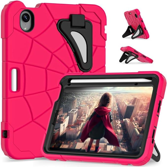 Kids Case for iPad mini 7 A17 Pro 2024/ Mini 6 8.3 inch Spider Case for iPad mini 7th 6th Generation Shockproof Durable Full Protective Cover with Pencil Holder Kickstand (Rose red+Black)