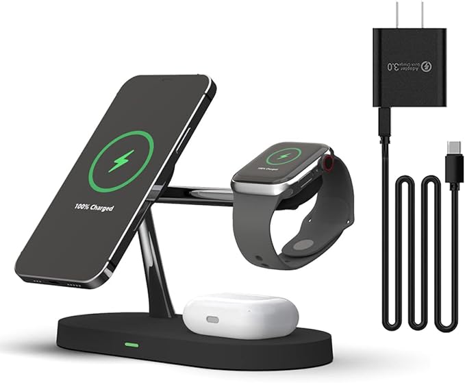 5 in 1 Magnetic Wireless Charging Stand 15W Fast Mag-Safe Charging Station Design for iPhone 15/14/13/12 Series iWatch 7/SE/6/5/4/3/2 Airpods 3/2/Pro