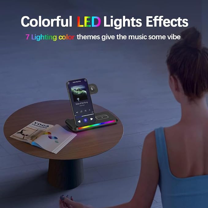 IHAO 3in1 Multifunctional Foldable Wireless Charging Station with LED Ambient Night Light Fast QC3.0 Charger for Phone iWatch Headphone Space-Saving Auto-Shutoff &amp Overcharge Protection-Black