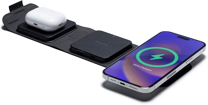 mophie Wireless 3 in 1 Travel Magnetic Wireless Charging Station Multiple Devices Compatible with Apple iPhones Google Samsung Devices AirPods BYO Watch Charger. (Watch Charger not Included)