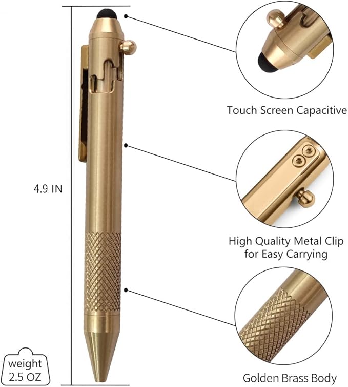 Cool Hand 4.9'' Brass Bolt Action Pen with Retractable Stylus Tip for Any Touch Screen Ballpoint Ink Refillable Compact Size Skelton Out Deep Pocket Clip (Brass)