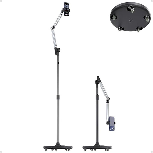 Floor Phone Stand for Recording Overhead Phone Mount with Wheels and Weight Base Free Rotation Aluminum Digital Heavy Duty Stand with Adjustable Angles &amp Height for Content Creation