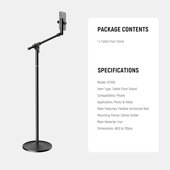 NEEWER BASICS Phone Floor Stand with Horizontal Extension Arm Adjustable Bed Phone Holder Clamp Mount Compatible with iPhone 16 15 Pro Max Plus Samsung for Video Recording Weighted Metal Base ST009