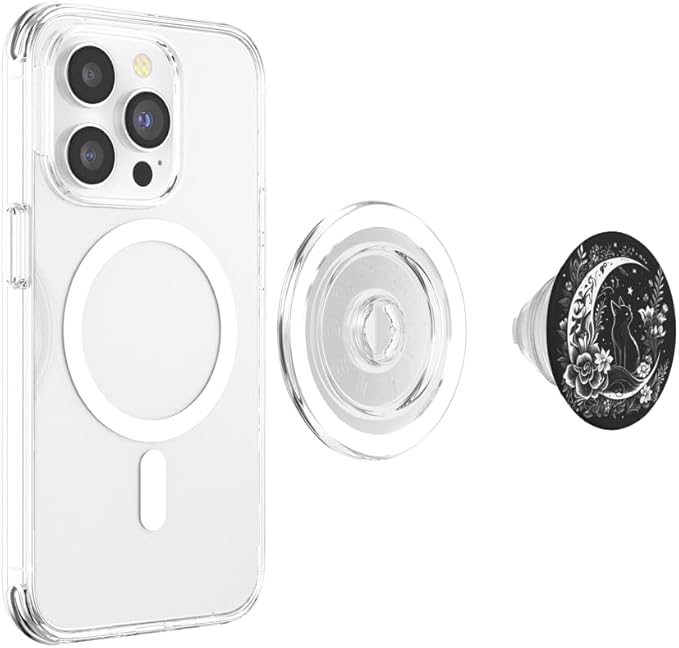 Cat Sitting On Crescent Moon Flowers Stars Drawing Women PopSockets PopGrip for MagSafe