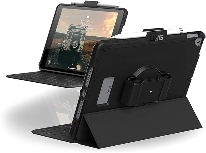 URBAN ARMOR GEAR UAG Designed for iPad 10.2 Case Black 9th Generation 2021 &amp 8th Gen 2020 w/Hand Strap Thin Slim Durable Protective Cover w/Pencil Holder &amp Asset Tag Window Scout Series