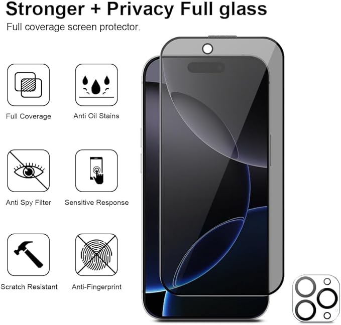 3 Pack for iPhone 17 Privacy Full Screen Protector +2 Camera Lens Protector 9H+ Tempered Full Cover Glass Military Grade Shatterproof Anti Spy Auto Installation kit
