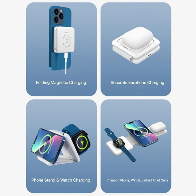 Wireless Charging Station 3 in 1 Foldable Magnetic 15W Travel Multiple Devices Fast Charger for iPhone 16/15/14/13/12 Series AirPods 3/2/Pro/Pro2 iWatch (White)