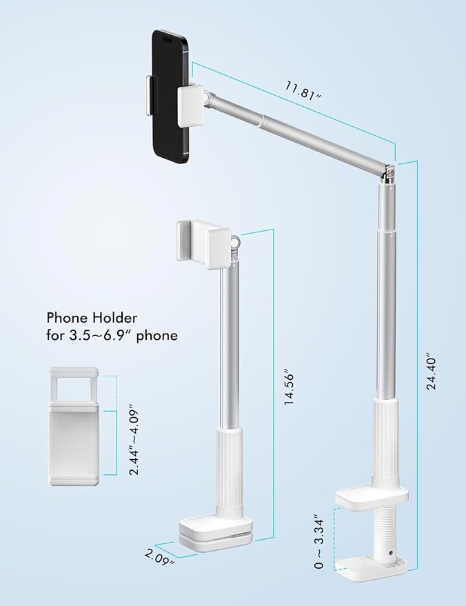 Viozon Phone Holder Flexible Long ArmOverhead Mount360° Angle AdjustableAluminum Alloy C Clamp for Headboard Bedside&ampTable&ampDeskCompatible with 3.5-6.9 PhoneiPhone 16 15 Plus/Pro Max W