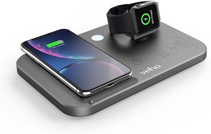 Veho DS-7 Wireless Multi-Charging Station | Qi Wireless Charging | Charges 3 Devices | Output 5W/7.5W/10W | Compatible with Smartphone Phones Apple Watch Airpods and More
