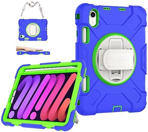 Case for iPad mini 7 (A17 Pro)/ Mini 6 8.3 INCH: TPU Cover for iPad mini 7th/6th Generation 8.3 Inch with Screen Protector- Stand + Handle + Shoulder Strap + Pencil Holder- Blue