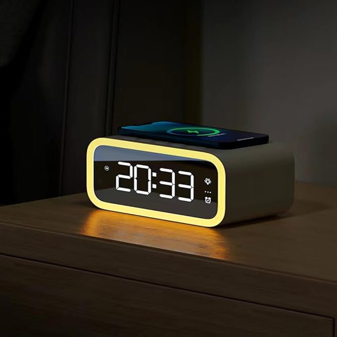 IHAO 5in1 Multi-Functional Alarm Clock with Wireless Charging 15W Fast Charger for Phone &amp Earbuds 3 Group Alarms Dimmable Night Light USB Port Digital Clock Adjustable Light Mini Mirror QXF-80