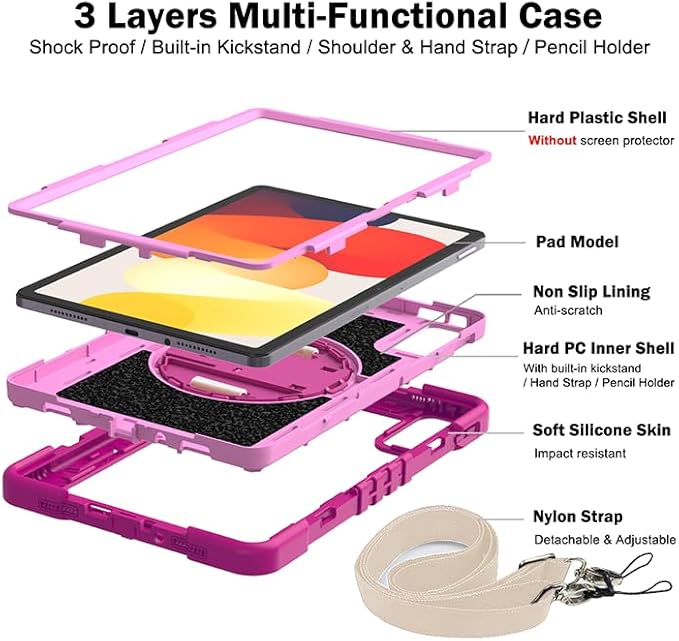 Tablet Case for Xiaomi Redmi Pad SE 11.0 inches Tablet Shockproof Cover with 360° Rotating Stand and Wrist Strap Shoulder Strap Red Rose+Pink