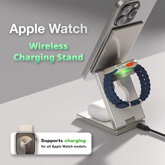 ADAM elements Mag Z 3-in-1 Foldable Travel Charging Station Magnetic Wireless Charger for iPhone 17-12 Apple Watch AirPods &amp Samsung Galaxy Watch Compact Stand for Desk &amp Travel (Titanium)