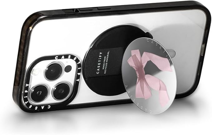 CASETiFY Snappy Grip Stand Compatible with Magsafe - Pink Organza Ribbon - Silver Mirror