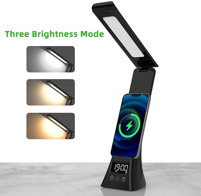 IHAO 6in1 Multifunctional Foldable LED Desk Lamp with Wireless Charger Digital Alarm Clock Eye-Care Lighting 3 Color Modes 15W Qi Charger for Phone/Headphones Apple Watch Compatible-Black
